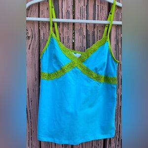 PINK Victoria's Secret Blue and Green Lace Trim Tank Top camisole sz L